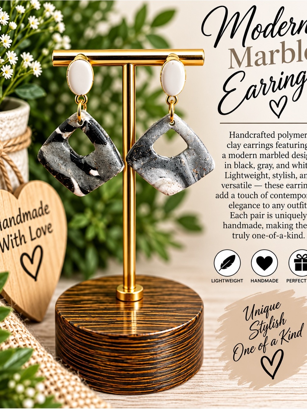Modern Marbled Dangle Earrings - Black & White with Gold Accents